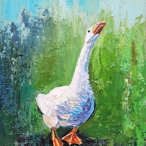 Goose Painting Duck Painting Bird Original Art Impasto Painting 6x8 White Geese Painting Animal Painting Nursery Wall Decor Small Painting