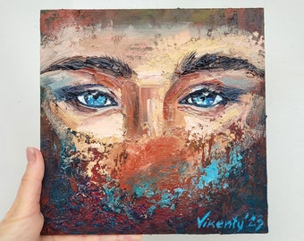 Blue Eyes Painting Woman Painting Original Artwork Impasto Oil Painting 8x8 Portrait Painting Woman Face Portrait Lovers Eye Painting