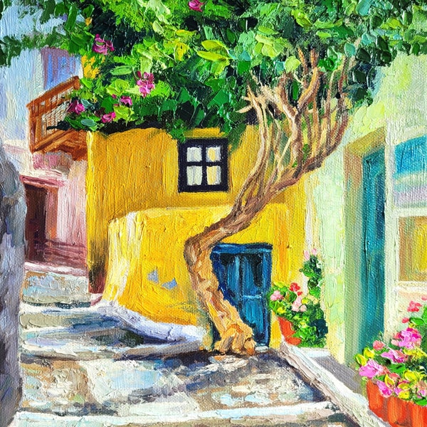 Grèce, peinture originale empâtement des îles grecques peinture à l'huile sur toile 10 x 12 Grèce paysage art méditerranéen île de Syros art paysage urbain