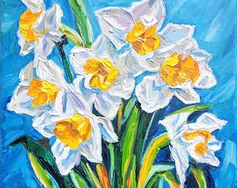 Jonquille peinture fleur peinture empâtement original peinture à l'huile 8 x 8 narcisse peinture naissance mois fleur printemps fleur mars naissance fleur