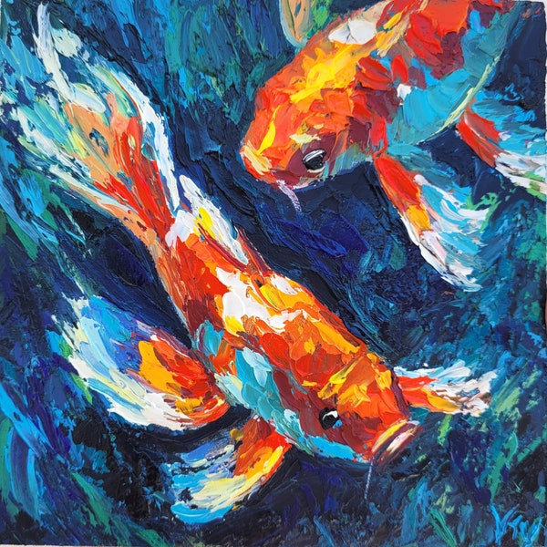 Koi Fisch Malerei Original Art Teich Ölgemälde 150x150 Gemälde Koi Karpfen Feng Shui Malerei Goldfisch Malerei Fische Kunst