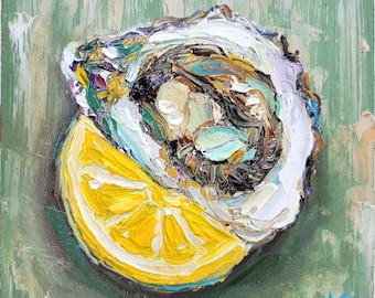 Peinture à l'huile de coquille d'huître d'art originale d'empâtement 6 x 6 citron, peinture d'art de fruits de mer, oeuvre d'art côtière, peinture de cuisine d'huîtres, art culinaire