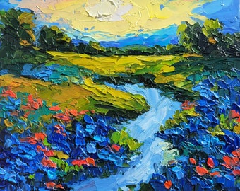 Texas Bluebonnet Painting Marsh Painting Impasto Oil Painting 8x8 Lowcountry Original Art Water Scene Artwork Lake Wall Art by VikentyArt