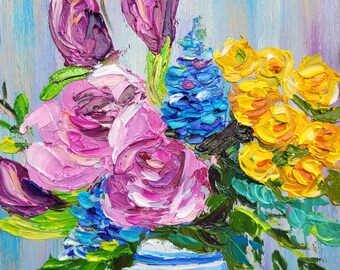 Bluebonnet Painting Rose Oil Painting Original Impasto Painting 6x6 Tulip Painting Ranunculus Painting Flower Painting by VikentyArt
