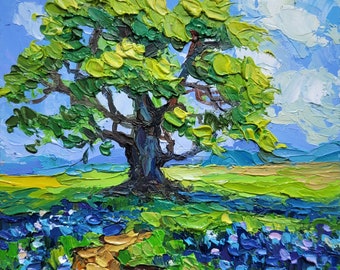Quercia albero pittura Bluebonnet pittura originale Impasto pittura a olio 6x6 Parco Nazionale Texas fiori di campo prato paesaggio Texas Hill Country