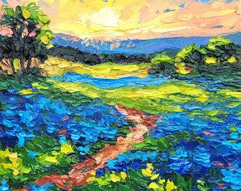 Texas Bluebonnet Painting Meadow Landscape Original Impasto Oil Painting 8x8 National Park Texas Hill Country Blue Flowers Home Wall Decor