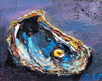 Peinture à l'huile originale de coquille d'huître d'art d'empâtement 5 x 7 huîtres perle d'art de fruits de mer oeuvre d'art côtière art de coquille d'huître art de cuisine art de cuisine