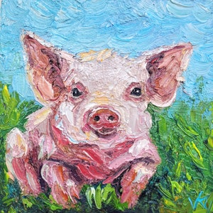 Pig Painting Animal Painting Original Impasto Oil Painting 6x6 Piglet Painting Nursery Decor Farm Animal Art Small Painting by VikentyArt