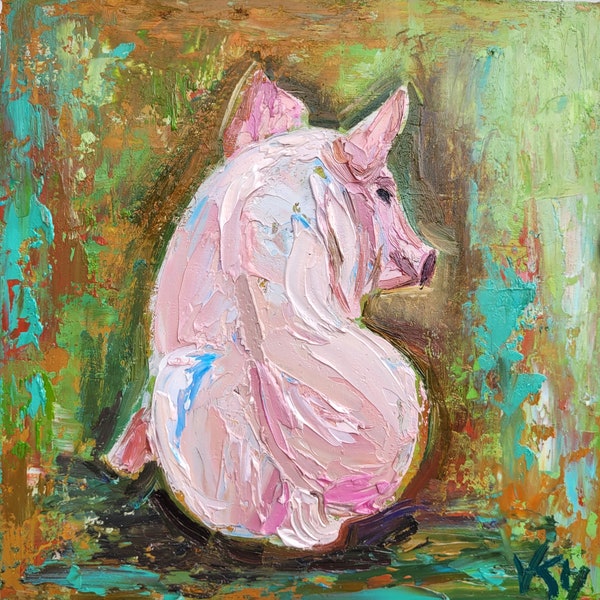 Pig Painting Farm Animal Painting Original Art Impasto Oil Painting 6x6 Piglet Painting Farmhouse Decor Farm Animal Art Pig Lover Gift