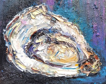 Peinture à l'huile originale de coquille d'huître 6 x 6, oeuvre d'art de fruits de mer, oeuvre d'art côtière, art mural de coquille d'huître, art de la cuisine, décoration d'intérieur