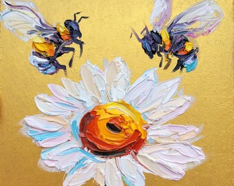 Honey Bee Painting Daisy Painting Bee Original Art Impasto Oil Painting 6x6 Daisy Art Bee and Flower Art Bumble Bee Painting Flower Painting