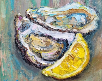 Oyster Painting Shell Original Art Impasto Oil Painting 8x8 Seafood Art Lemon Painting Coastal Artwork Oyster Shell Art Kitchen Art Food Art