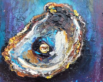 Oyster Painting Shell Original Art Impasto Oil Painting 6x6 Oyster Pearl Seafood Art Coastal Artwork Oyster Shell Art Kitchen Art Food Art