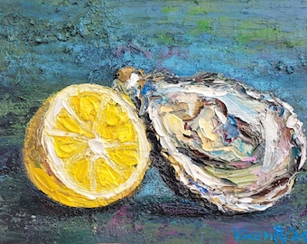 Peinture à l'huile de coquille d'huître d'art originale d'empâtement 6 x 8 citron, peinture d'art de fruits de mer, oeuvre d'art côtière, art de cuisine d'huîtres, art culinaire