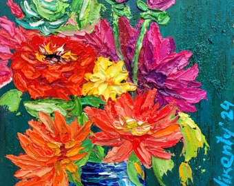 Dahlia Flower Painting Blossom Painting Original Impasto Oil Painting 6x6 Bouquet Painting Floral Painting Still Life Painting by VikentyArt