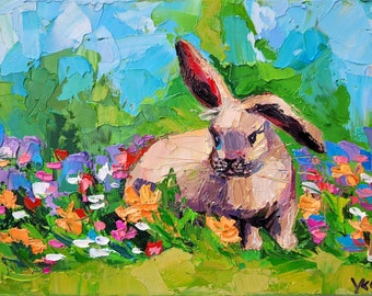 Rabbit Painting Farmhouse Decor Original Impasto Oil Painting Canvas 7x9 Bunny Painting Farm Animals Painting Hare Painting Easter Painting