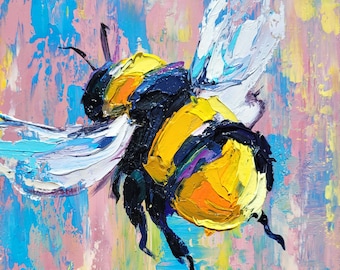 Bumble Bee Painting Bumble Bee Art Original Art Impasto Oil Painting 6x6 Honey Bee Painting Insect Art Honeybee Artwork by VikentyArt