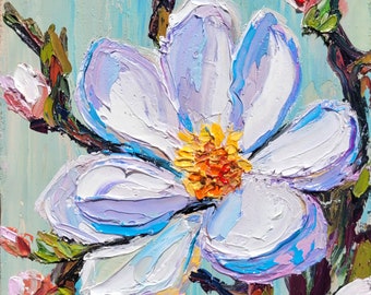 Magnolia schilderij bloem schilderij originele kunstwerken Impasto olieverfschilderij 5 x 7 kleine schilderij cadeau voor haar geboorte maand bloem door VikentyArt