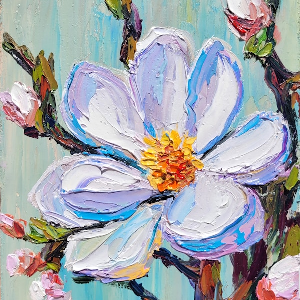 Magnolia Painting Flower Painting Original Artwork Impasto Oil Painting 5x7 Small Painting Gift for Her Birth Month Flower by VikentyArt