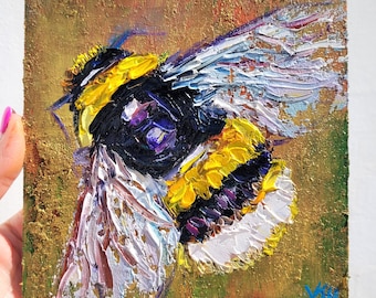 Bumble Bee Painting Save The Bees Original Art Impasto Oil Painting 6x6 Honey Bee Painting Insect Art Honeybee Artwork Handmade Painting