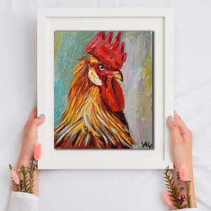 Rooster Painting Farmhouse Decor Original Art Impasto Oil Painting 6x6 Chicken Painting Farm Animals Painting Bird Painting Kitchen Art image 4