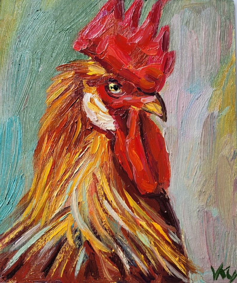 Rooster Painting Farmhouse Decor Original Art Impasto Oil Painting 6x6 Chicken Painting Farm Animals Painting Bird Painting Kitchen Art image 2