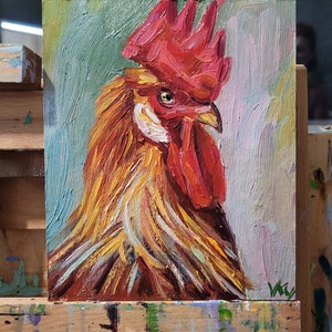 Rooster Painting Farmhouse Decor Original Art Impasto Oil Painting 6x6 Chicken Painting Farm Animals Painting Bird Painting Kitchen Art image 7