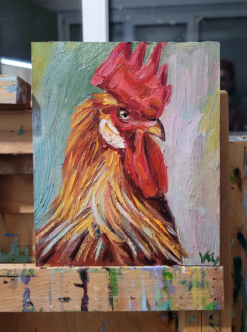 Rooster Painting Farmhouse Decor Original Art Impasto Oil Painting 6x6 Chicken Painting Farm Animals Painting Bird Painting Kitchen Art image 7