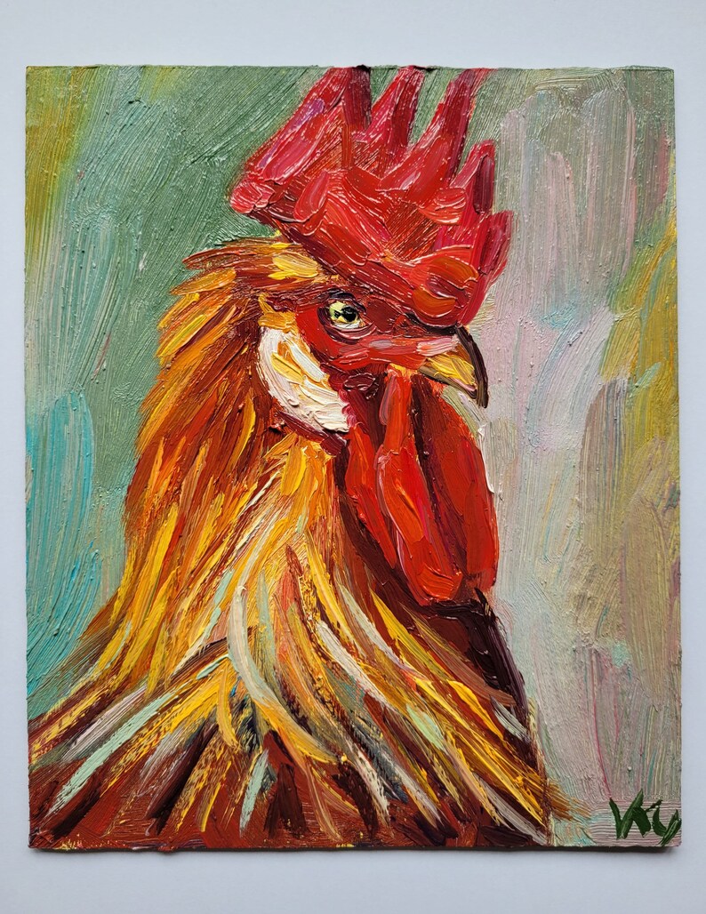 Rooster Painting Farmhouse Decor Original Art Impasto Oil Painting 6x6 Chicken Painting Farm Animals Painting Bird Painting Kitchen Art image 1