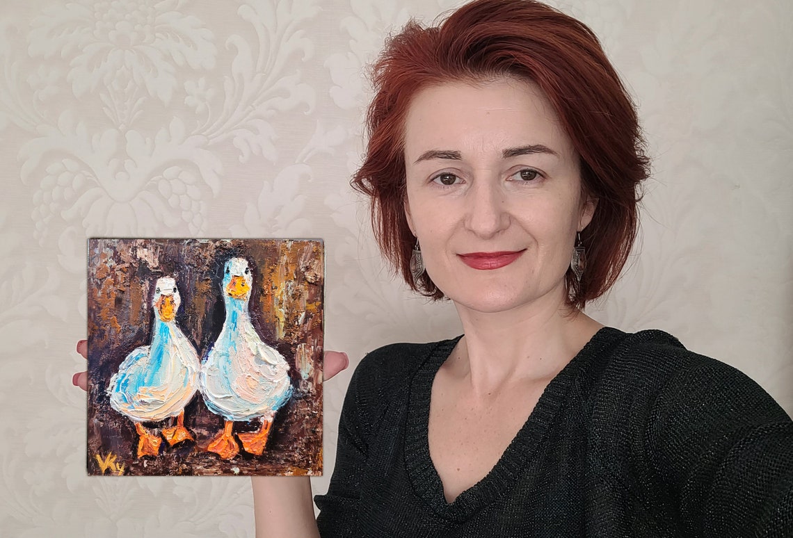 Friendship Duck Painting Farm Animals Painting Original Art Impasto Oil