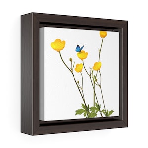 Puede incluir: Una impresión en lienzo enmarcada que presenta una ilustración botánica de flores amarillas y una mariposa azul sobre un fondo blanco.