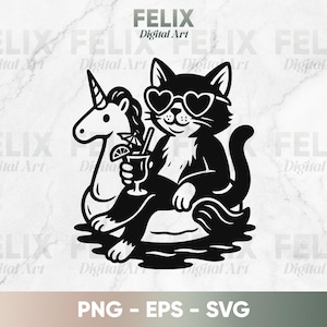 May include: Black and white graphic of a cat wearing heart-shaped sunglasses, holding a cocktail, and lounging on a unicorn float. The image includes the text "PNG - EPS - SVG" and "ITEM CODE 202516".