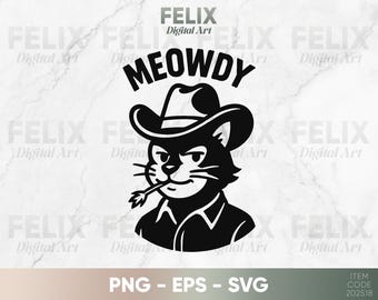 Meowdy Funny Cowboy Cat SVG – Retro Western Cat Lover - Cowboy Cowgirl Illustration Wild West EPS PNG Digital Download