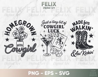 Cowgirl Quotes SVG Bundle, Western Graphic Designs (png, eps, svg)