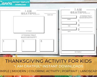 Activité de Thanksgiving imprimable pour enfants | Je suis reconnaissant | Modèle de toile | Activité de coloriage pour enfants | Téléchargement imprimable | Accès instantané