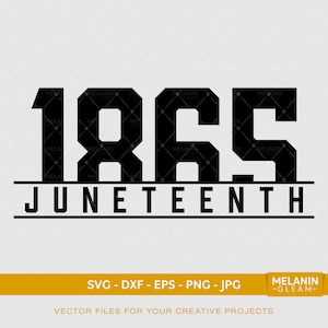 May include: Black and white graphic design featuring the year 1865 and the word "JUNETEENTH" in bold, block letters.
