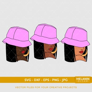 May include: Three digital illustrations of a woman with dark brown skin wearing a pink bucket hat and a gold hoop earring. The woman's hair is black and she is looking to the right.