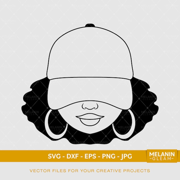 Afro Woman Cap Low Silhouette, mélanine, femme noire svg, afro femme, fille noire magique