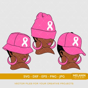 Breast Cancer Hat Black Woman, mélanine svg, recherche sur le cancer svg, ruban de cancer svg, sensibilisation au cancer svg, femme noire svg, femme afro svg