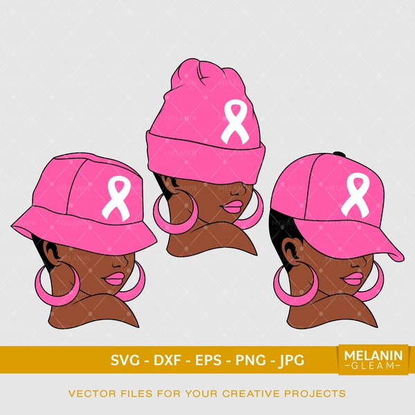 Breast Cancer Hat Black Woman, melanin svg, cancer research svg, cancer ribbon svg, cancer awareness svg, black woman svg, afro woman svg