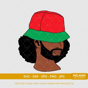 May include: A digital illustration of a person with dark brown skin, black curly hair, and a beard. The person is wearing a red and green bucket hat.