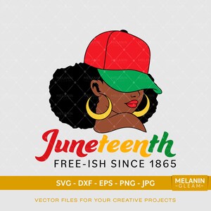 May include: A digital illustration of a Black woman with an afro wearing a red, green, and yellow baseball cap. The text "Juneteenth FREE-ISH SINCE 1865" is below the image. The words "MELANIN -GLEAM- " are in the bottom right corner.