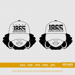 Puede incluir: Ilustración en blanco y negro de una mujer con el pelo rizado que lleva una gorra de béisbol que dice "1865 Juneteenth Free-ish Since 1865".