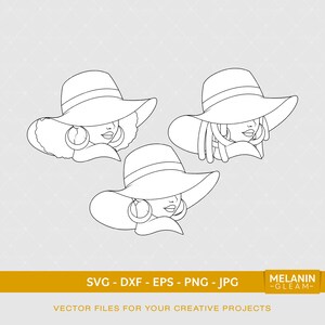 Sun Hat Woman N&B, mélanine, femme noire svg, afro femme svg, fille noire magique