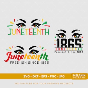 May include: A graphic design featuring a pair of eyes with eyelashes and a red, yellow, and green color scheme. The text "Juneteenth" is written in a bold, colorful font. The text "Free-ish Since 1865" is written below the eyes.