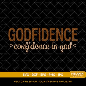 Op de afbeelding: Een digitaal ontwerp met de tekst "GODFIDENCE" in bruin en de tekst "confidence in god" in een lichter bruin met een hart aan elke kant. Het ontwerp is op een zwarte achtergrond met een herhalend patroon.
