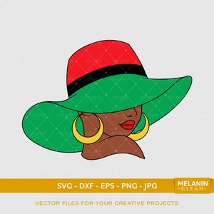 May include: A digital illustration of a woman with brown skin wearing a wide-brimmed hat with red, black, and green stripes. The woman is wearing large gold hoop earrings and has her eyes closed.