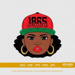 May include: A vector graphic of a Black woman's face wearing a red baseball cap with the text "1865 Juneteenth Free-ish Since 1865." She has gold hoop earrings, red lipstick, and a green brim on the cap. The image includes file type options.