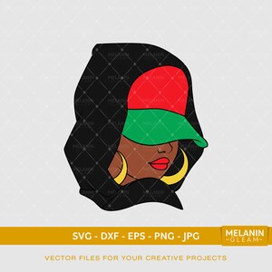 May include: A digital illustration of a woman with brown skin wearing a black hooded sweatshirt and a red, green, and black baseball cap. She is wearing large gold hoop earrings.