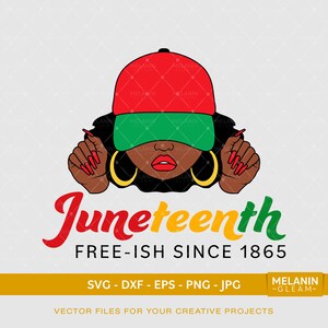 Puede incluir: Una ilustración digital de una mujer negra con un sombrero rojo, verde y amarillo, usando grandes aros de oro y levantando las manos con esmalte de uñas rojo. El texto "Juneteenth FREE-ISH SINCE 1865" está debajo de la imagen.